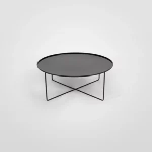 A black table with a circular top on a white background.
